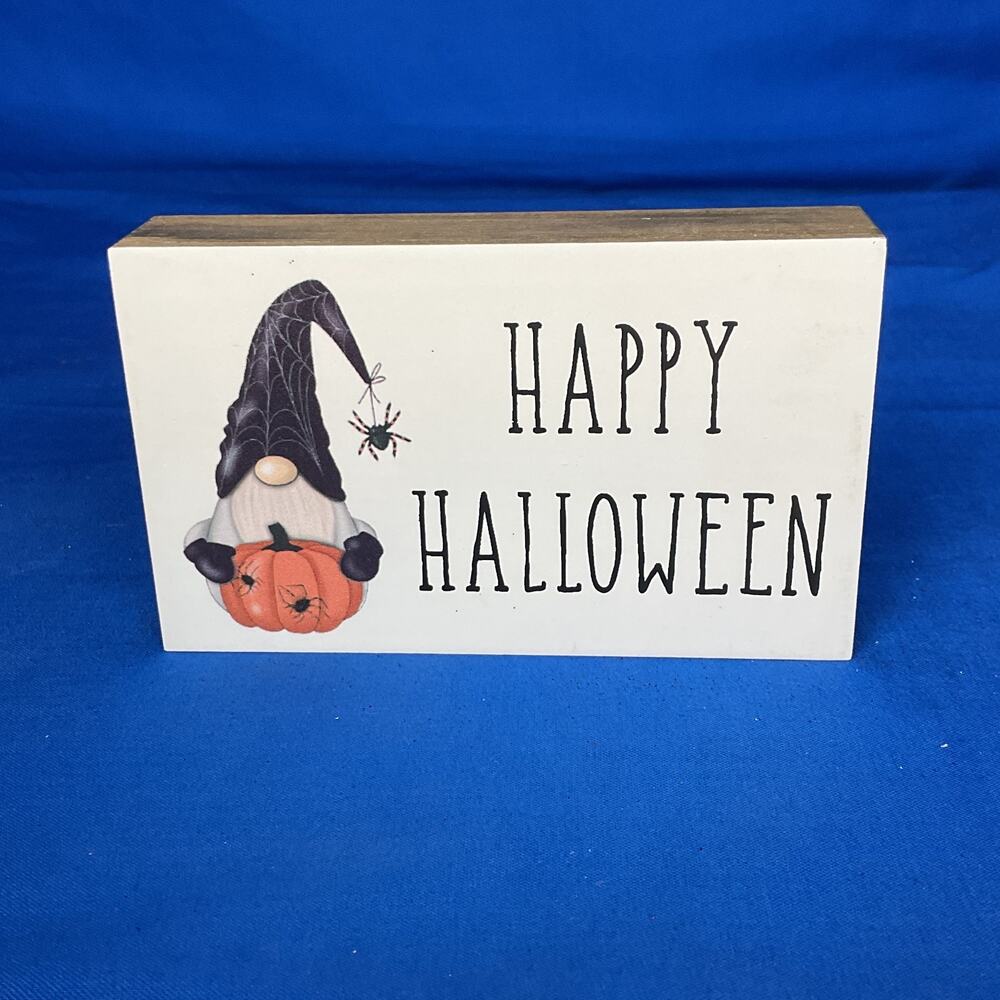 Happy Halloween Wooden Block Sign Spider Web Gnome Pumpkin Tiered Tray Decor